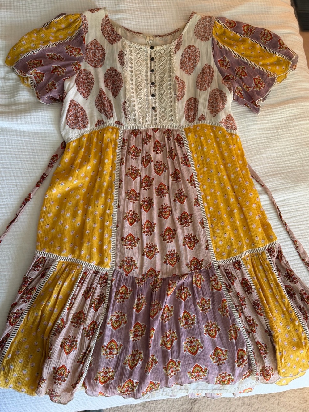 Anthropologie Patchwork Maxi Dress in Mustard Yellow, Mauve & Cream